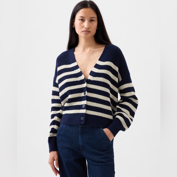 GAP NWT XXL Shaker Stitch Cardigan Sweater in Blue White Stripe Breton Nautical - Picture 1 of 12
